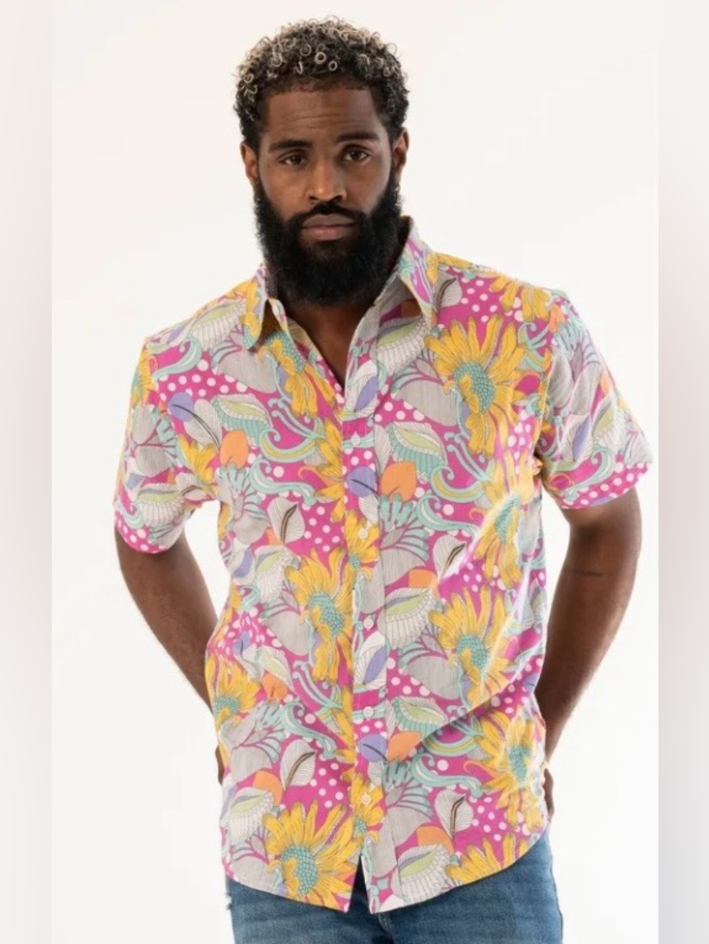 DUSHYANT Men’s Medium 100% Cotton Hand-Printed Floral Short Sleeve Shirt